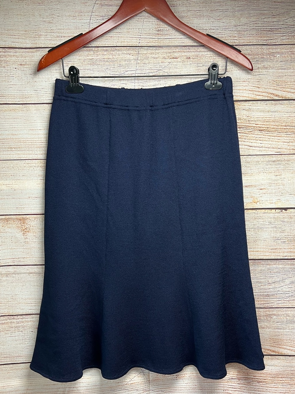 St John Santana Knit Midi A-Line Flounce Hem Skirt Sz 8 Solid Navy Blue VEUC